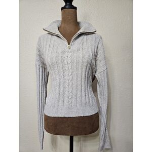 Aster Women’s Ribbed Knit Quarter Zip Sweater Soft Gray Cable Front Size L